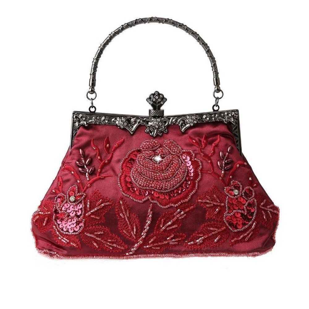 VINTAGE Floral Beaded Rhinestone Handbag Wine Red